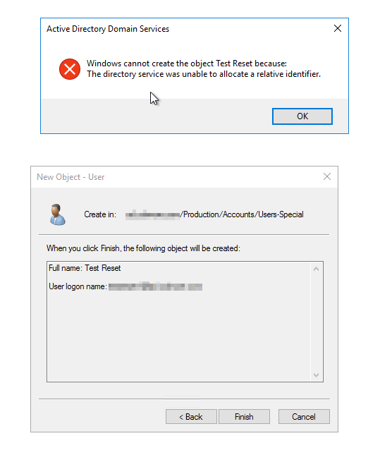 Active Directory error stating that the directory service could not allocate a relative identifier