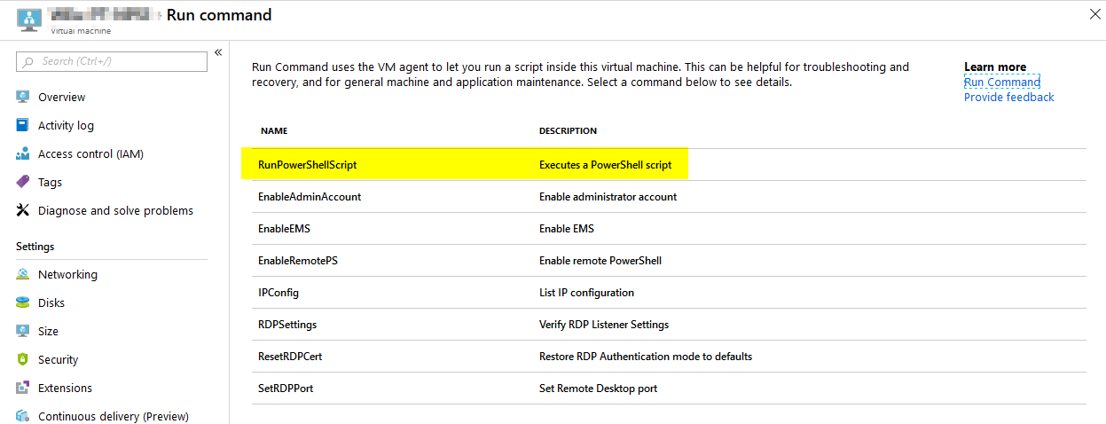 Azure VM Run command page showing RunPowerShellScript option