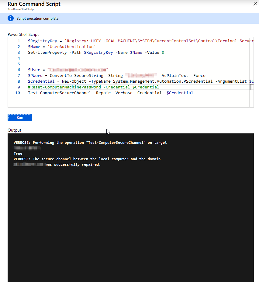 Azure portal RunPowerShellScript panel with PowerShell script ready to run