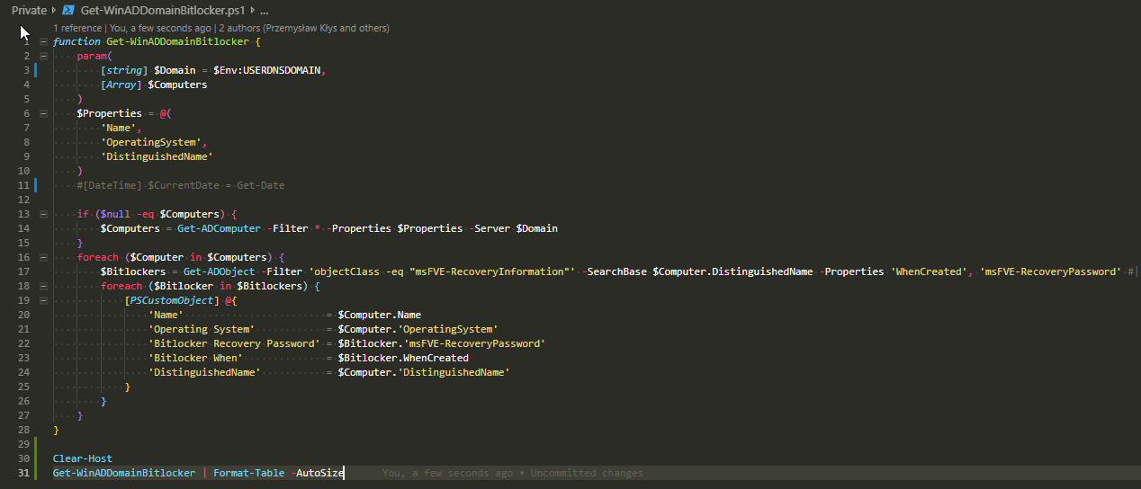 PowerShell table output listing BitLocker recovery details collected from Active Directory computer objects.