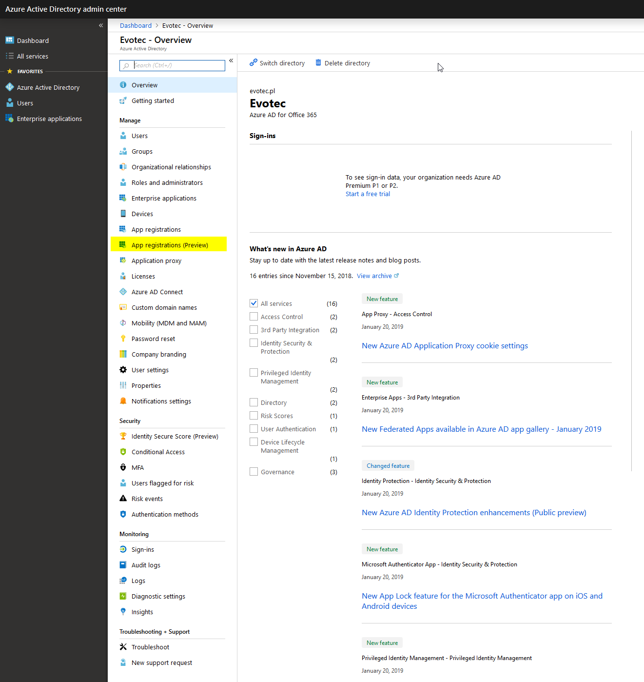 Azure Active Directory menu with App registrations Preview selected
