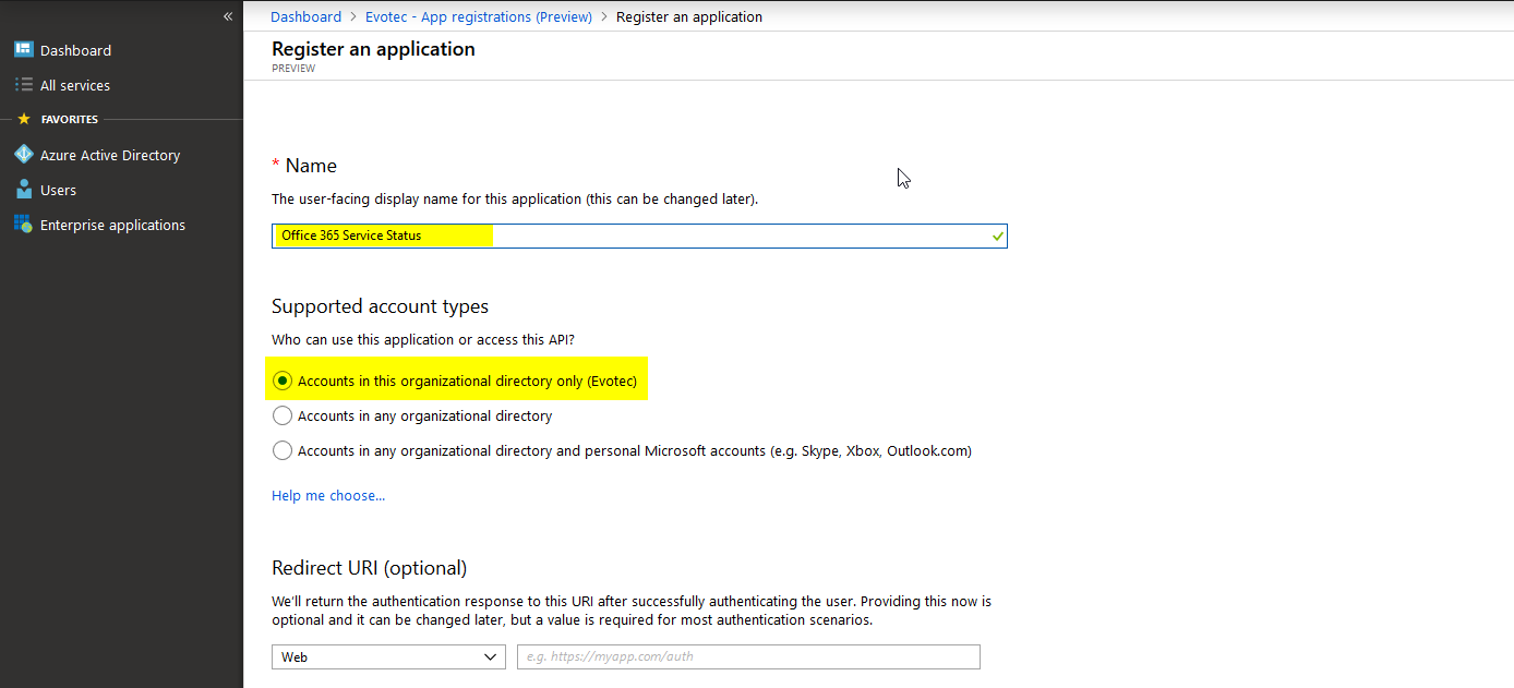 New application registration form with the application name filled in