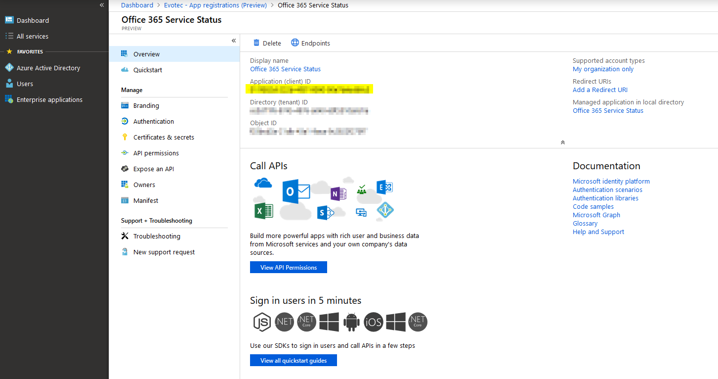 Azure registration screen ready to submit the new application