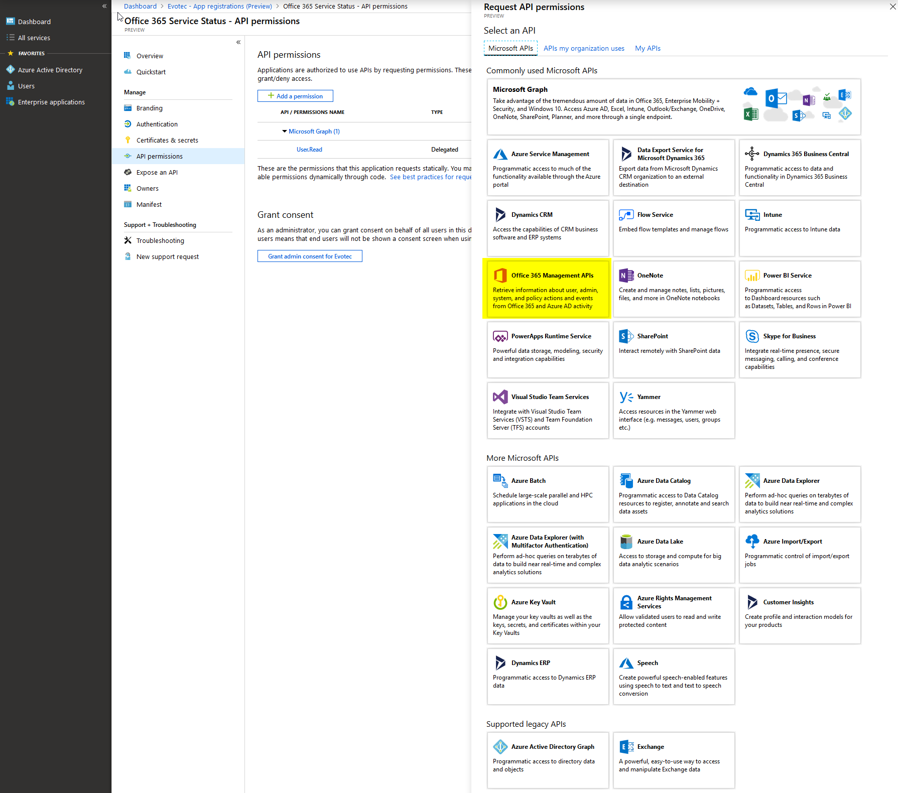 Application overview showing the Application ID and Directory tenant ID