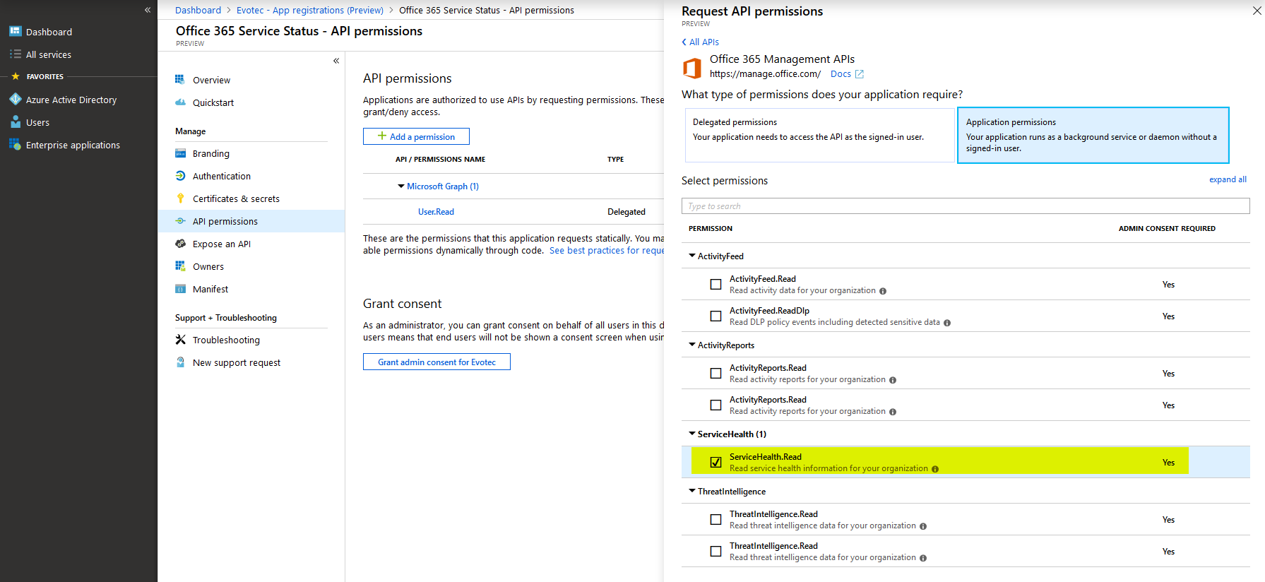 Office 365 Management APIs permission list with ServiceHealth.Read available to add