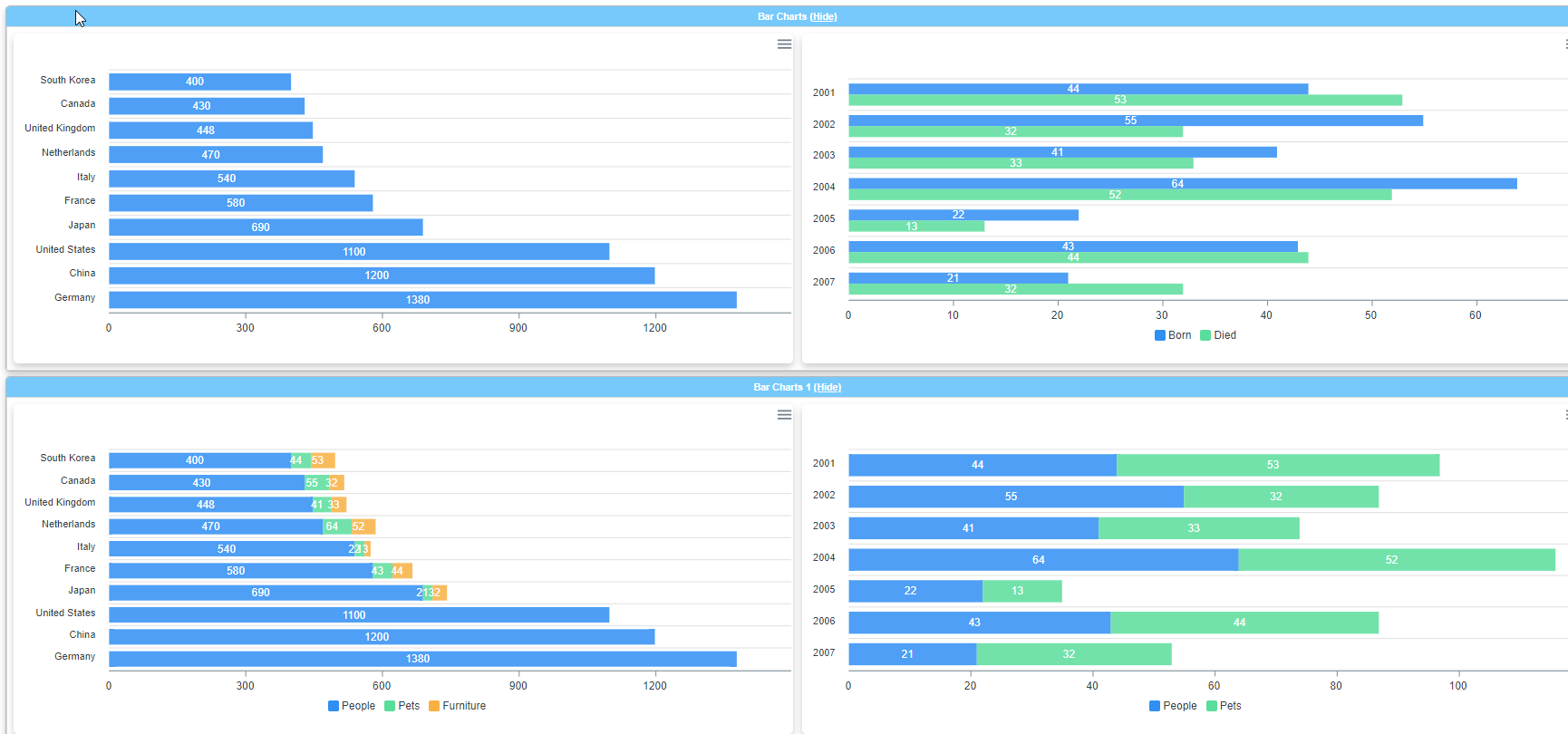 Dashimo bar chart gallery with single-series, grouped, and comparison horizontal bars