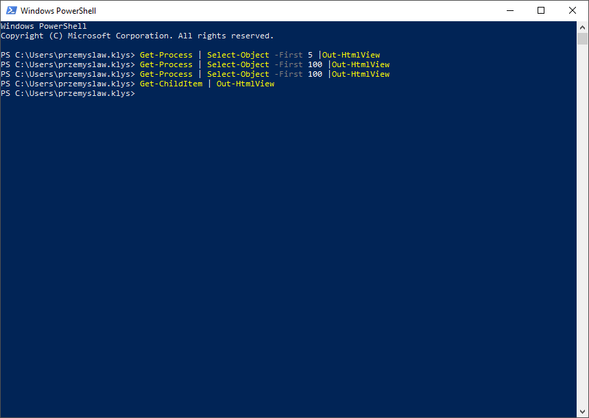 Get-Process rendered in an interactive HTML table using Out-HtmlView as an alternative to Out-GridView.