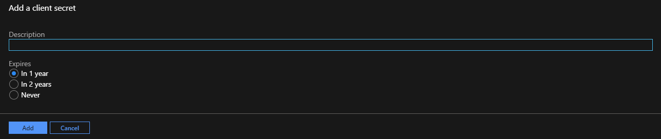 New client secret form with description and expiration options