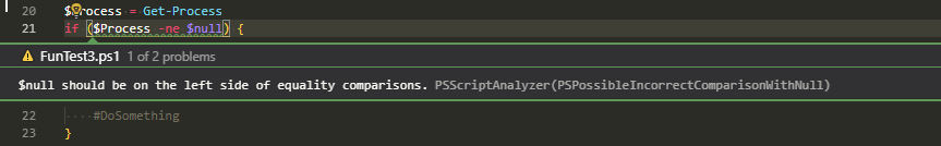 VS Code warning recommending that null be placed on the left side of the comparison