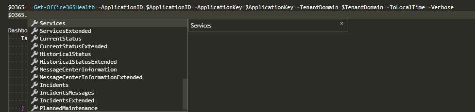 PowerShell table view of the Office 365 health data