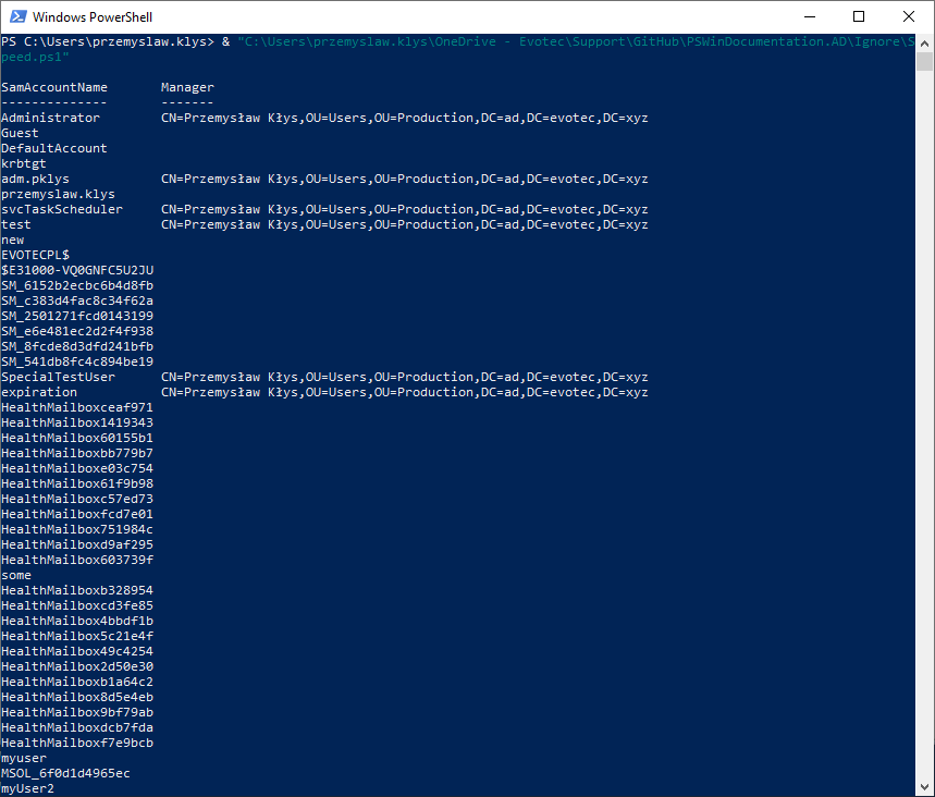 Active Directory user output showing manager distinguished names before resolving manager display names and email addresses.