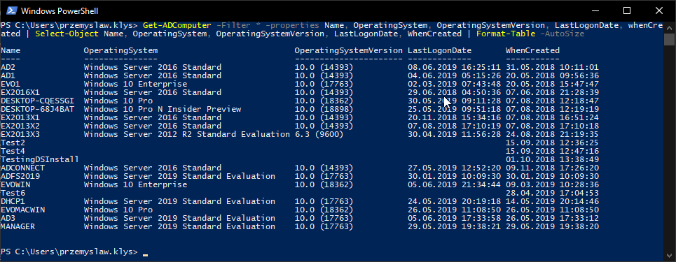 Active Directory computer properties showing raw Operating System and Operating System Version values for Windows 10.