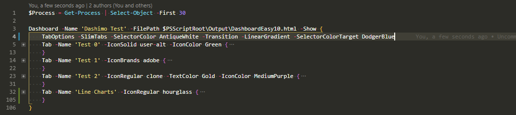 Dashimo tab customization with icon sizes, text colors, and gradient selector styles