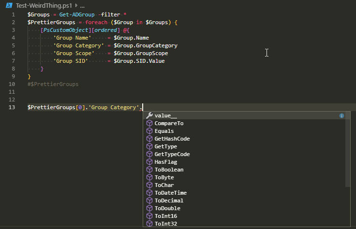 Detailed PowerShell view showing the enum value__ member behind the Group Category property