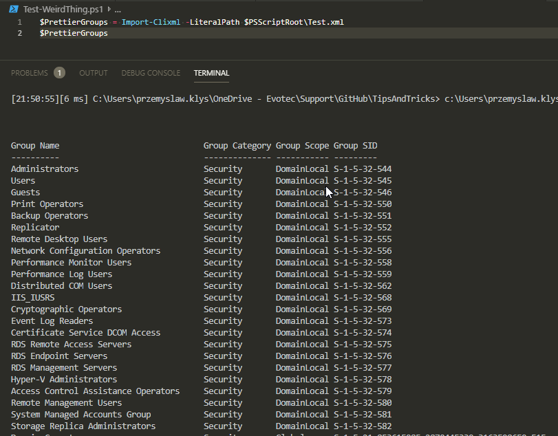 Imported PrettierGroups data loaded from CliXML and listed in PowerShell