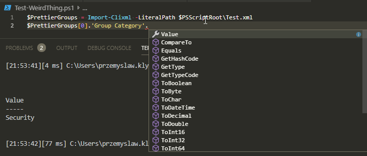 PowerShell output showing the Value field needed to read the imported Group Category correctly