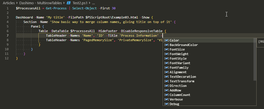 PowerShell editor showing TableHeader styling options