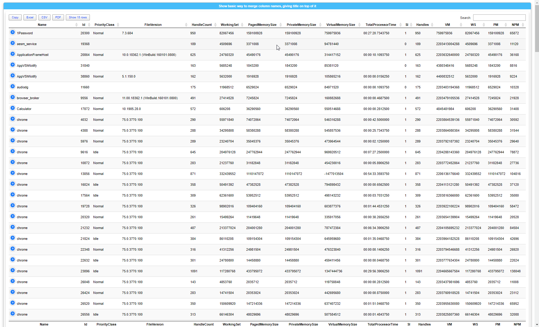Long process table with fixed header and footer enabled