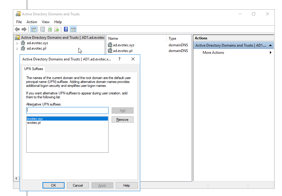 Active Directory Domains and Trusts properties window with the UPN suffixes list