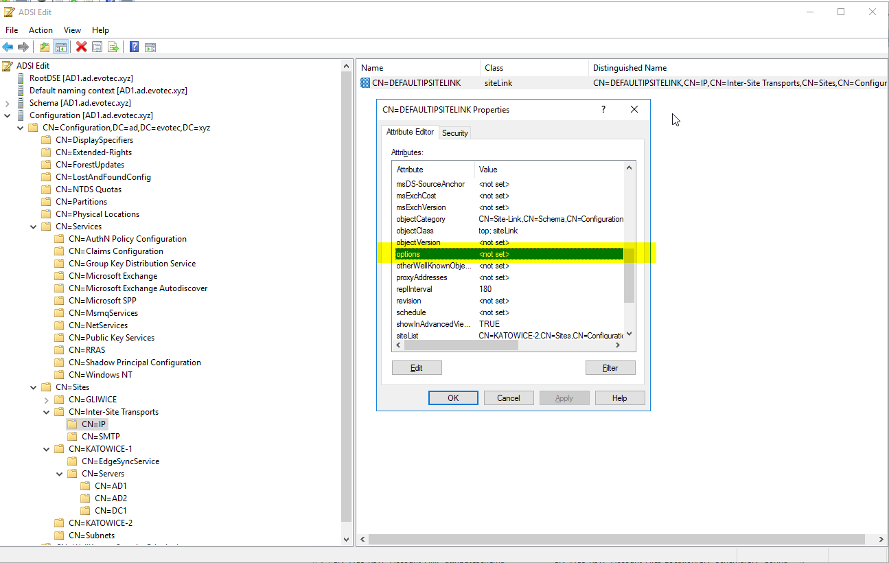 ADSI Edit site link properties with the Options attribute ready for instant replication changes