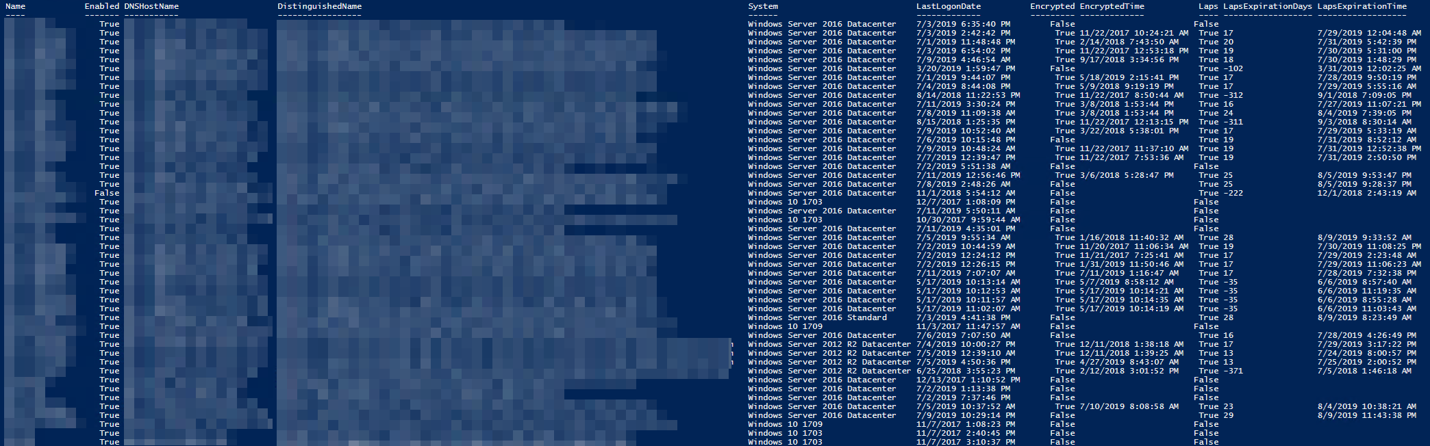 PowerShell summary report listing BitLocker and LAPS status for computers in Active Directory.