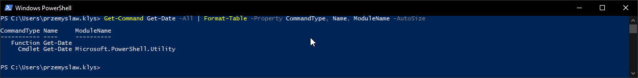 PowerShell output listing both Get-Date commands and their module names