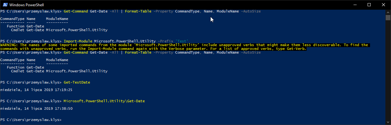 PowerShell output from calling Microsoft.PowerShell.Utility\\Get-Date directly