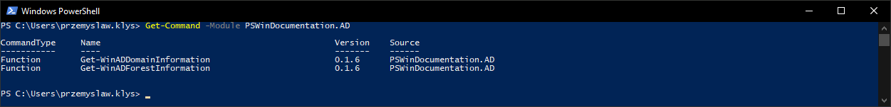 PowerShell output listing the two exported commands from PSWinDocumentation.AD