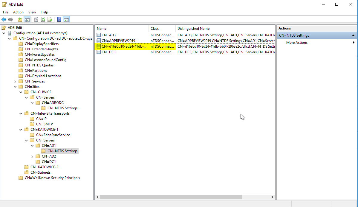 ADSI Edit connection object properties with the Options attribute for a manually created link