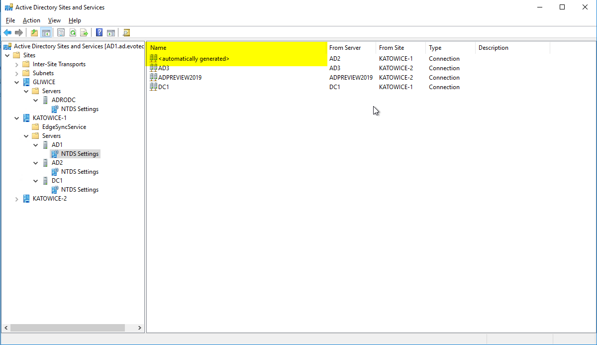 Connection objects in ADSI Edit showing an automatically generated replication link