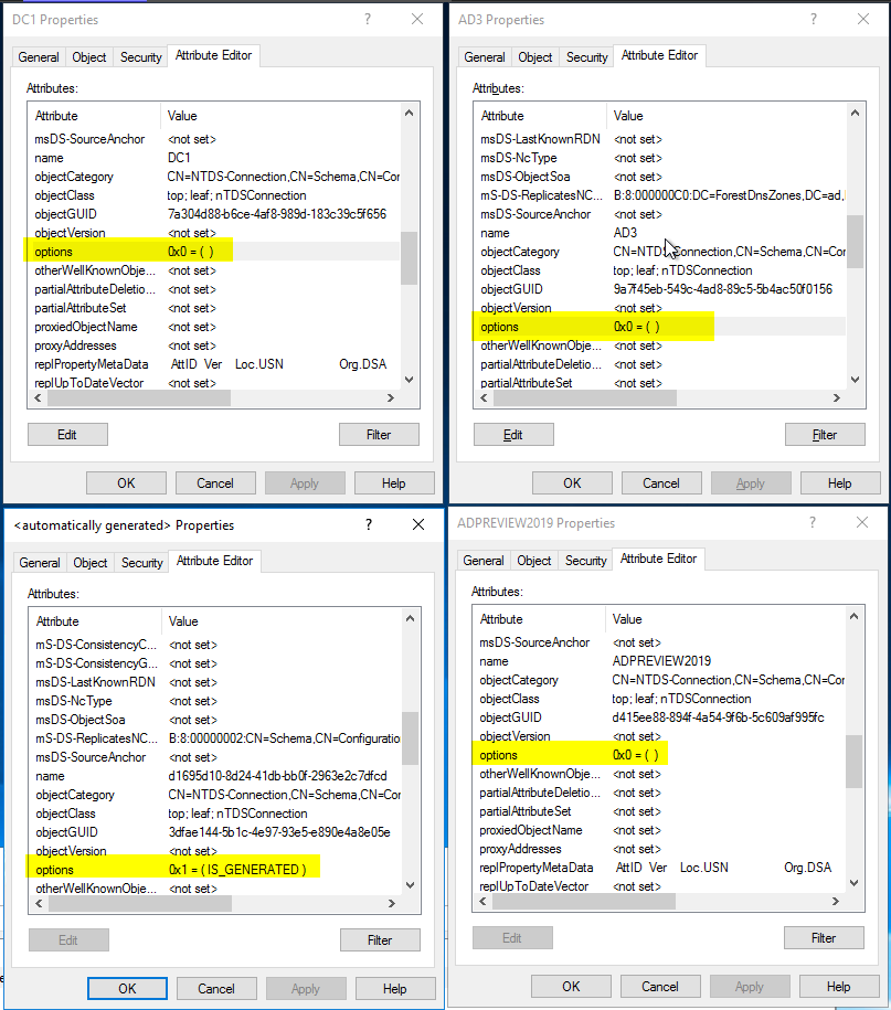 Connection properties showing Options value 1 for an IS_GENERATED replication connection