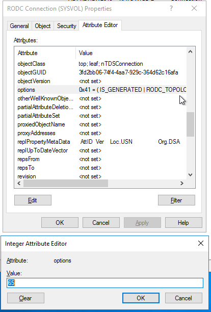 Connection properties showing Options value 65 for an RODC topology replication connection
