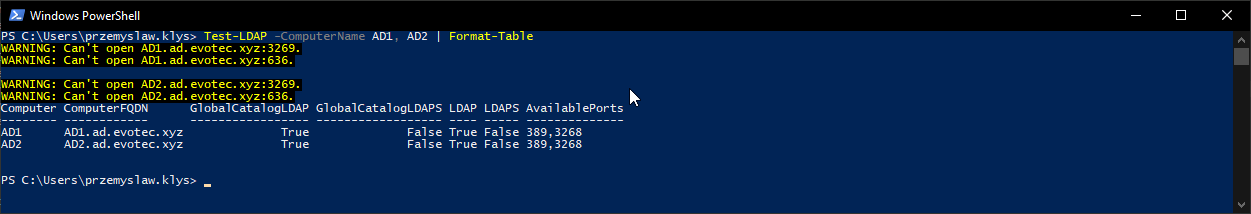 PowerShell Test-LDAP output showing AD1 and AD2 with Global Catalog available, LDAP enabled, LDAPS unavailable, and ports 389 and 3268 open.