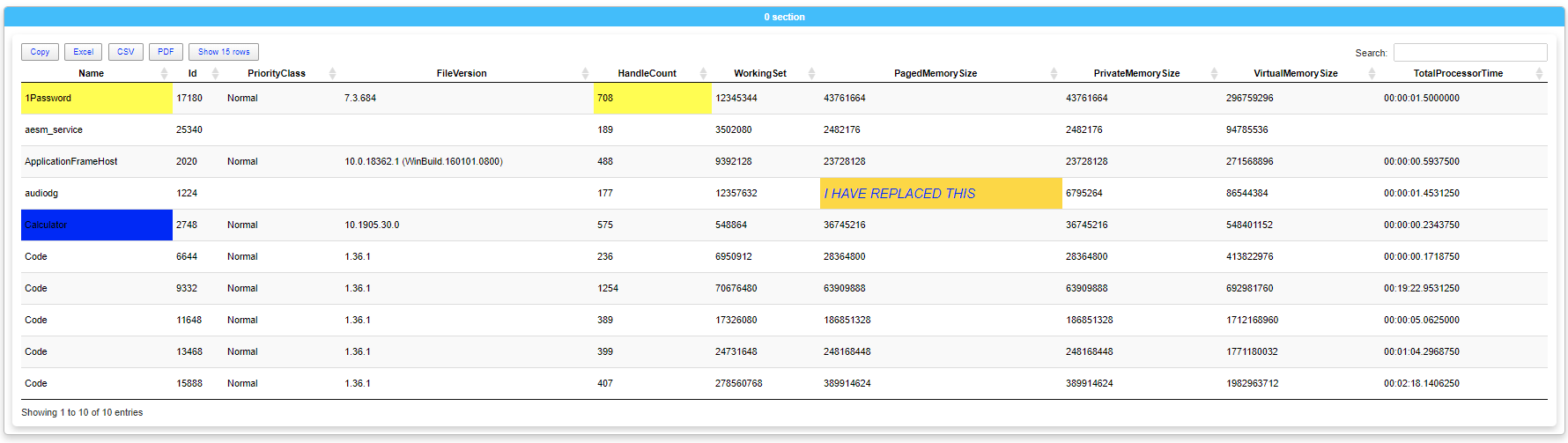 PSWriteHTML table with inline text replacement highlighted in yellow
