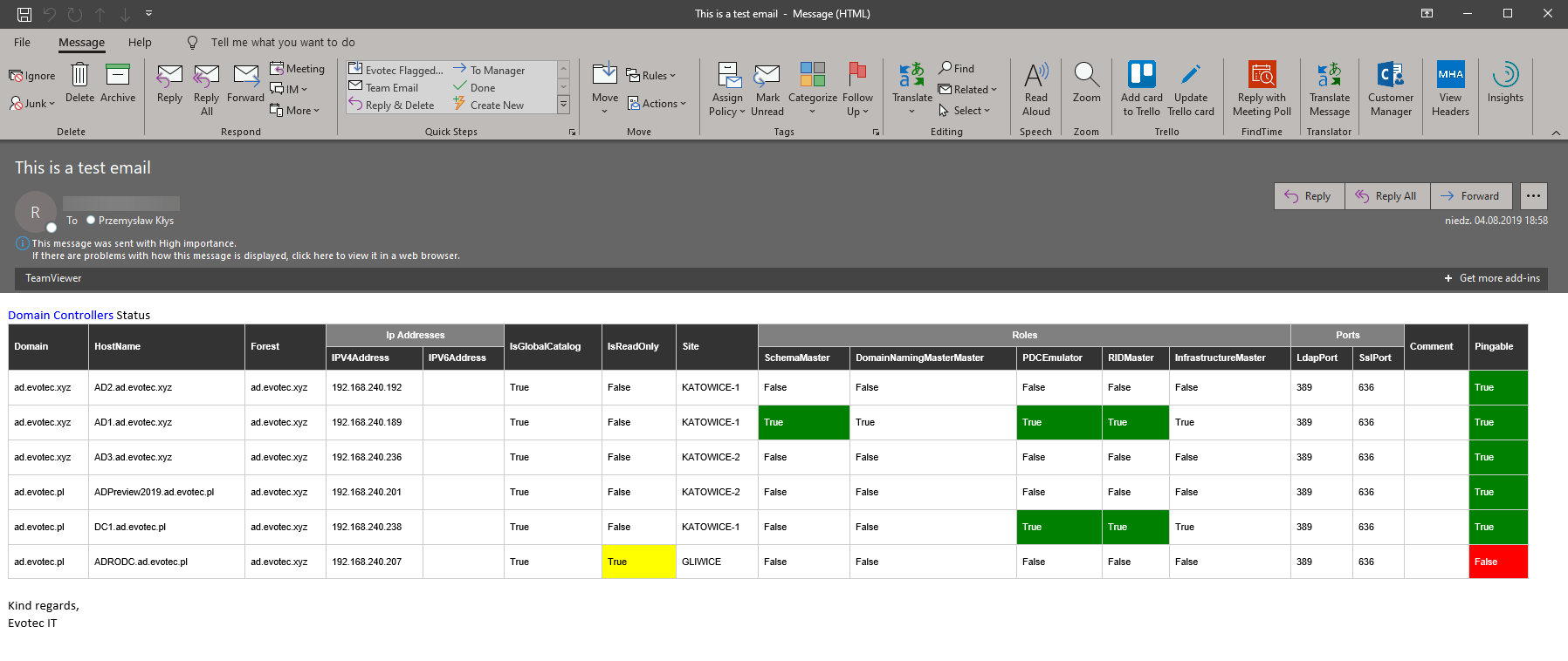 Outlook email preview of a formatted domain controllers table generated in PowerShell