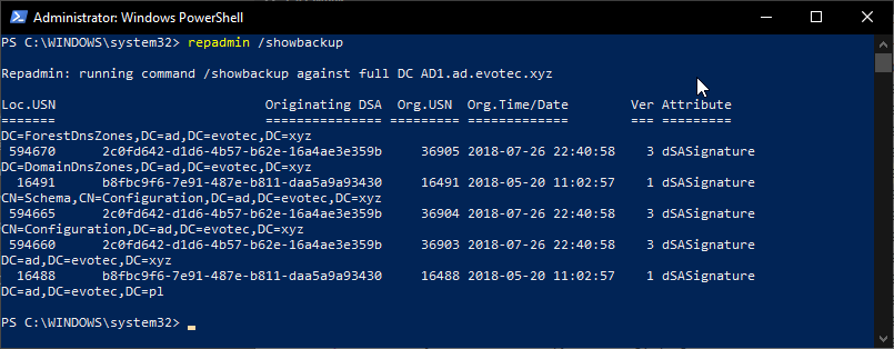 repadmin showbackup output displaying recent Active Directory backup information for naming contexts.