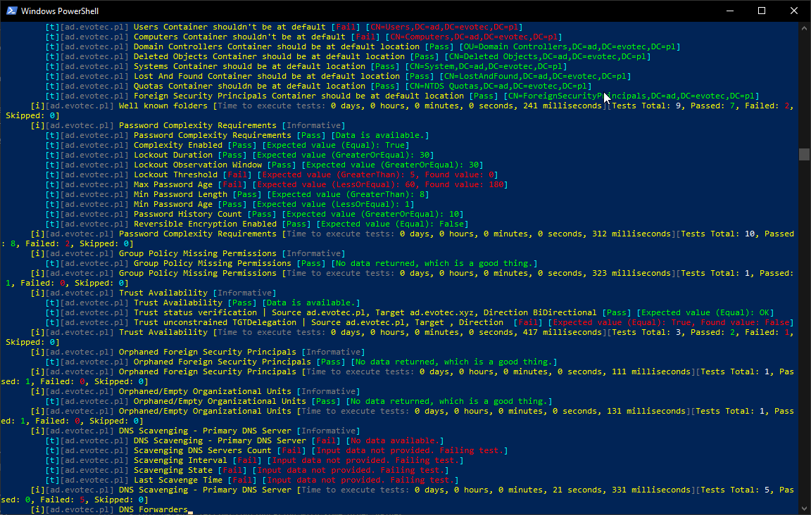 PowerShell output from Invoke-Testimo showing domain policy, DNS, service status, and LDAP connectivity checks.