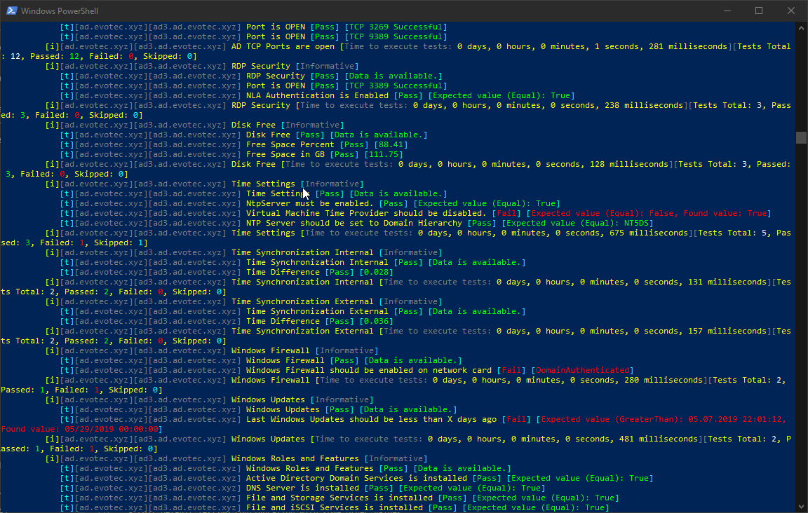 PowerShell output from Invoke-Testimo showing AD TCP ports, RDP security, disk free space, time settings, firewall, updates, and roles and features checks.