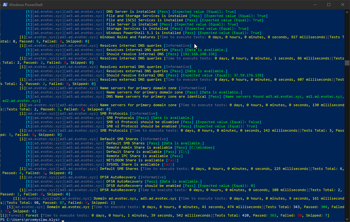 PowerShell output from Invoke-Testimo showing DNS resolution, SMB protocol, share, DFSR autorecovery, and overall forest totals.