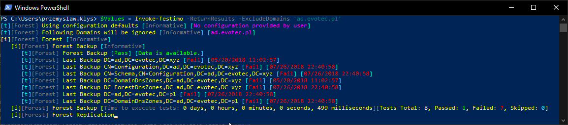 Windows PowerShell window showing Invoke-Testimo -ReturnResults output with forest, domain, and summary objects printed at the end.