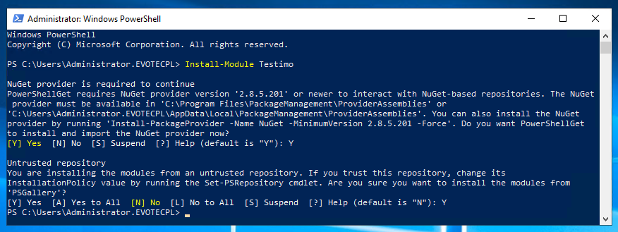 PowerShell installer prompt for Testimo, including the NuGet and untrusted repository confirmations.