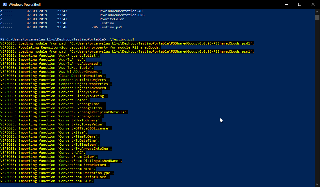 Folder view with downloaded PowerShell modules and the generated Testimo.ps1 portable launcher script.
