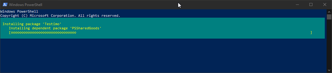 PowerShell console output from Initialize-ModulePortable downloading the Testimo module into a portable folder.
