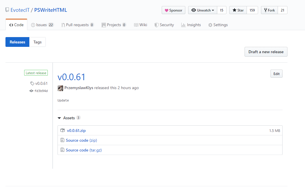 GitHub release page for a PSWriteHTML release