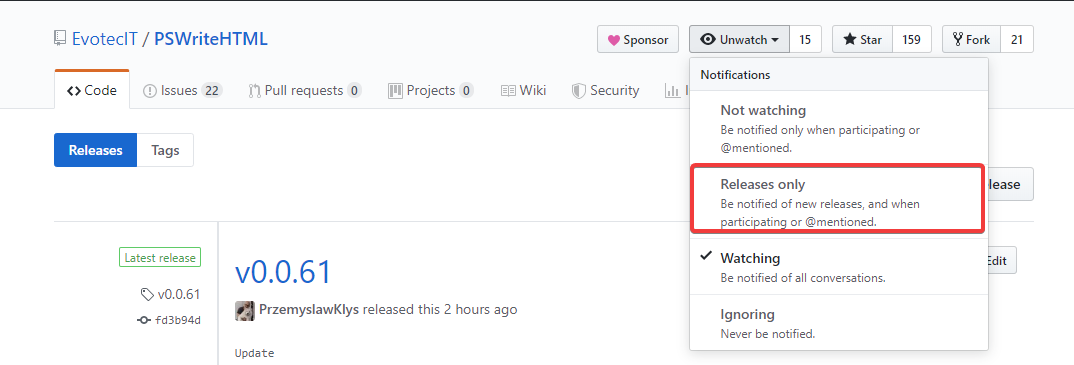 GitHub release notes and downloadable assets for PSWriteHTML