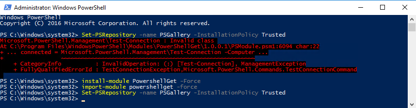 PowerShell console sequence installing a newer PowerShellGet module and retrying Set-PSRepository successfully.