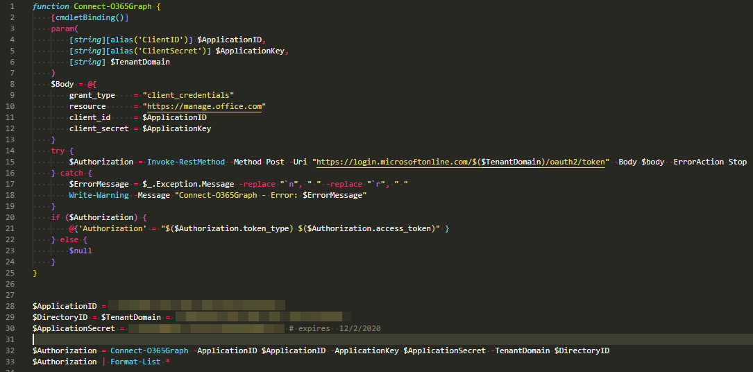 PowerShell function output for connecting to Microsoft Graph with the app registration settings