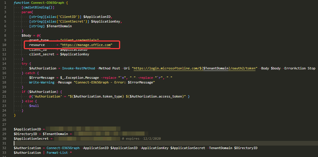 PowerShell example updated to request the token for graph.microsoft.com instead of manage.office.com