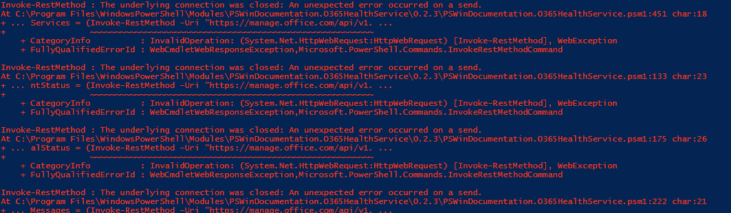 PowerShell error output from Invoke-RestMethod showing the underlying connection was closed during Office 365 API calls.