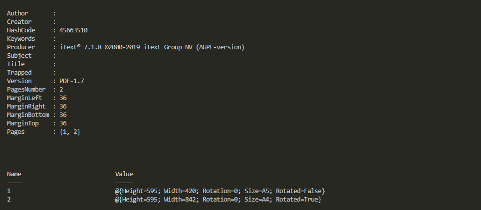 Formatted Get-PDFDetails page summary showing additional details for each page